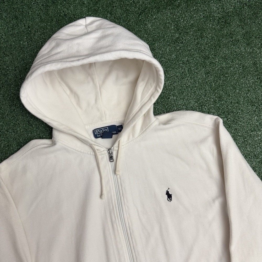VTG Polo Ralph Lauren Men's XL Full Zip Hoodie White Sweatshirt Black Pony